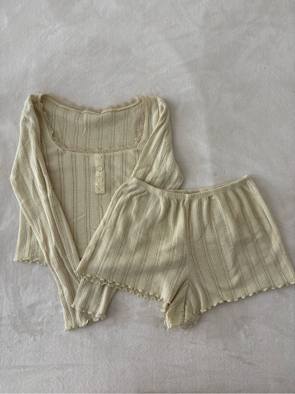 Yellow Pointelle Pajama Shorts and Long Sleeve Set